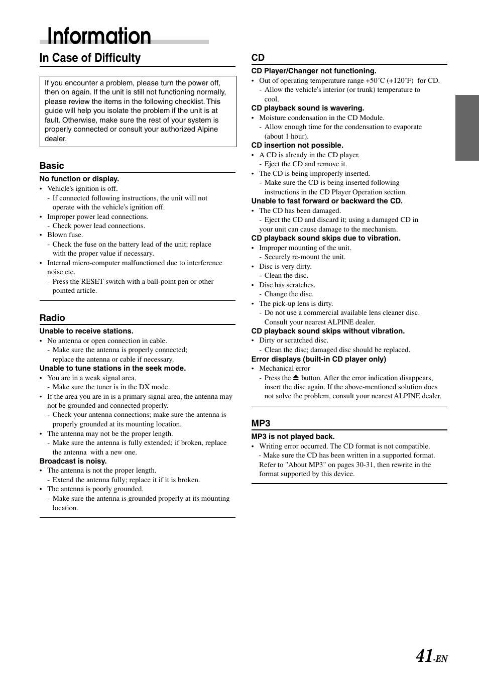 Troubleshooting, Information | Alpine CDA-7998 User Manual | Page 43 / 52