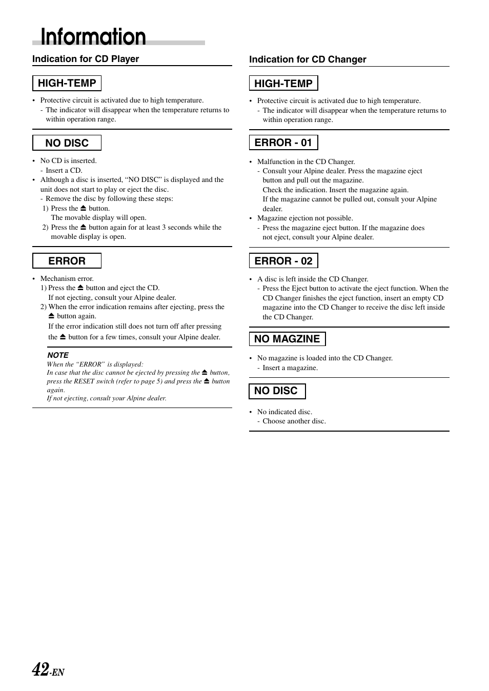 Warning indicators, Information, High-temp error no disc | High-temp error - 01 no magzine error - 02 no disc | Alpine CDA-7998 User Manual | Page 44 / 52