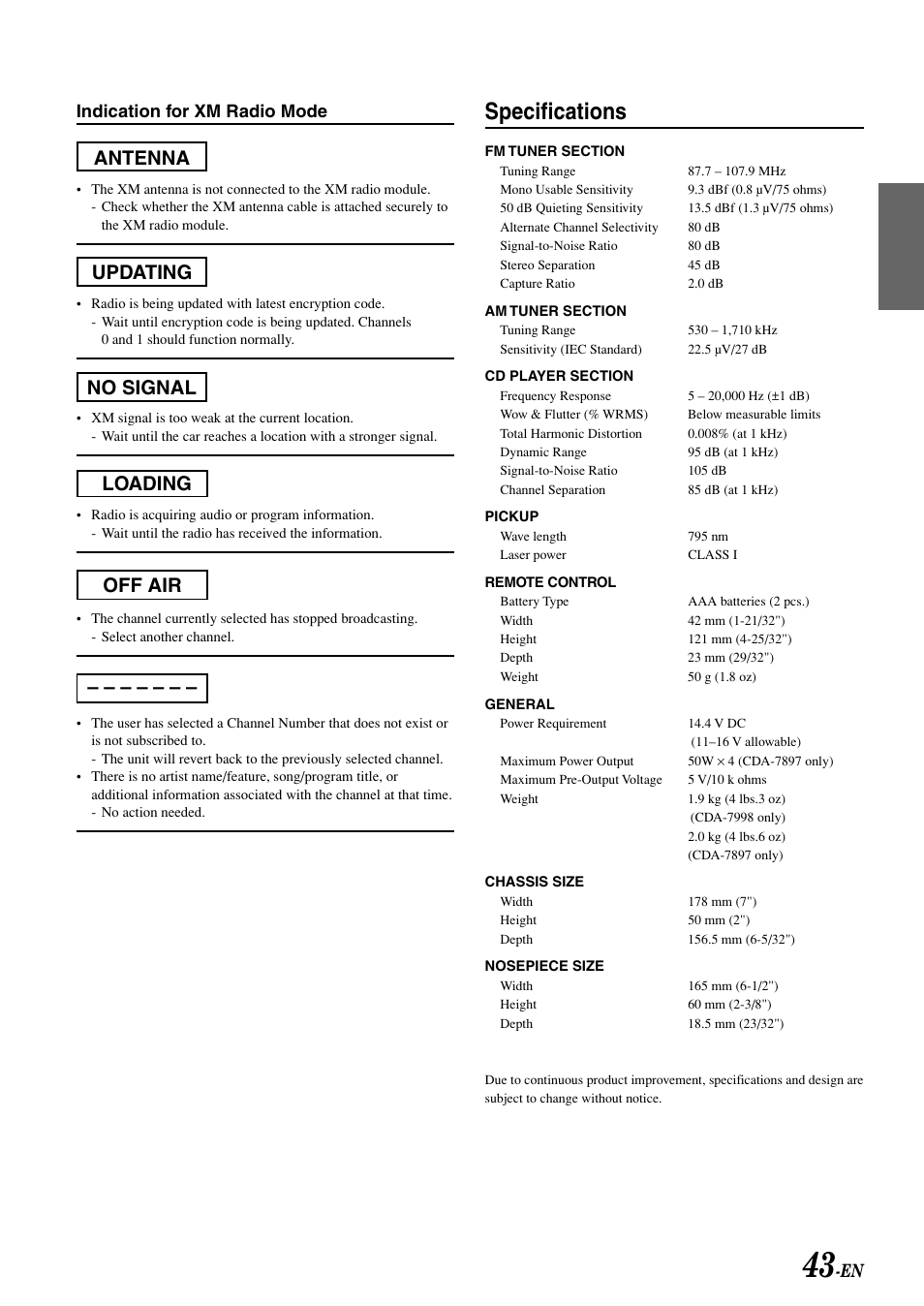 Specs, Specifications, En indication for xm radio mode | Alpine CDA-7998 User Manual | Page 45 / 52
