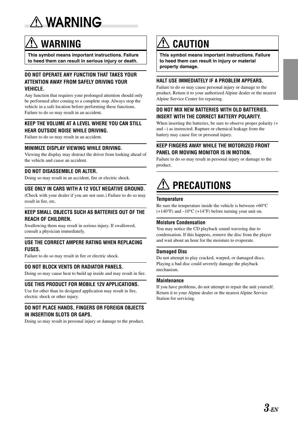 Warning, Caution, Precautions | Alpine CDA-7998 User Manual | Page 5 / 52