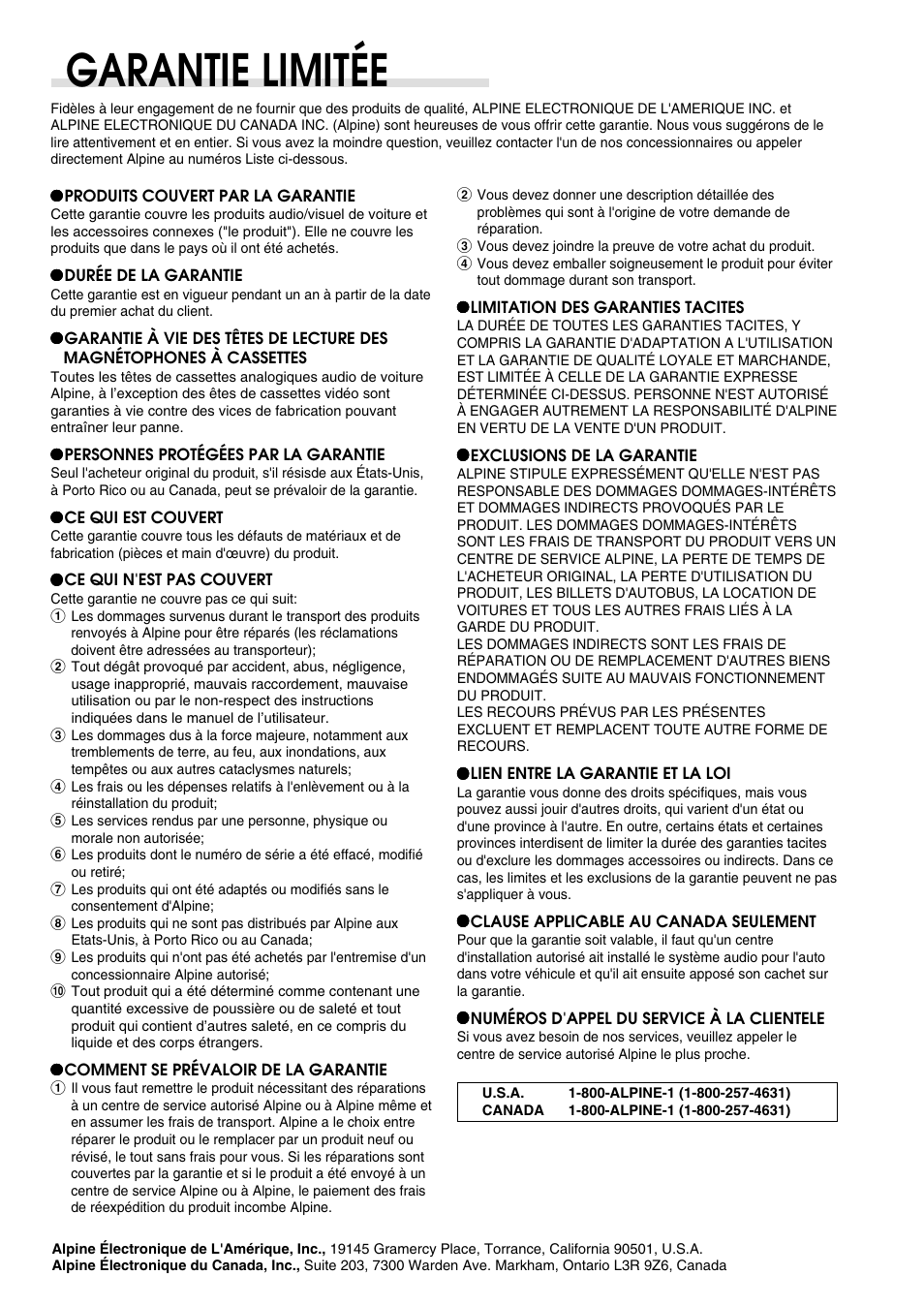 Garantie limitée | Alpine CDA-7998 User Manual | Page 51 / 52