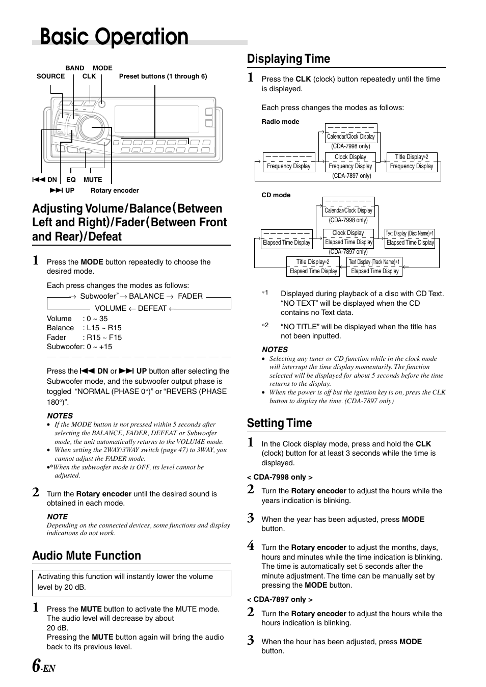 Setting time, Audio mute function, Displaying time | Basic operation | Alpine CDA-7998 User Manual | Page 8 / 52