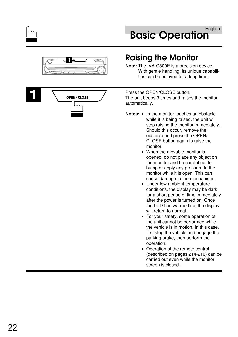 Basic operation, Raising the monitor | Alpine IVA-C800E User Manual | Page 10 / 115
