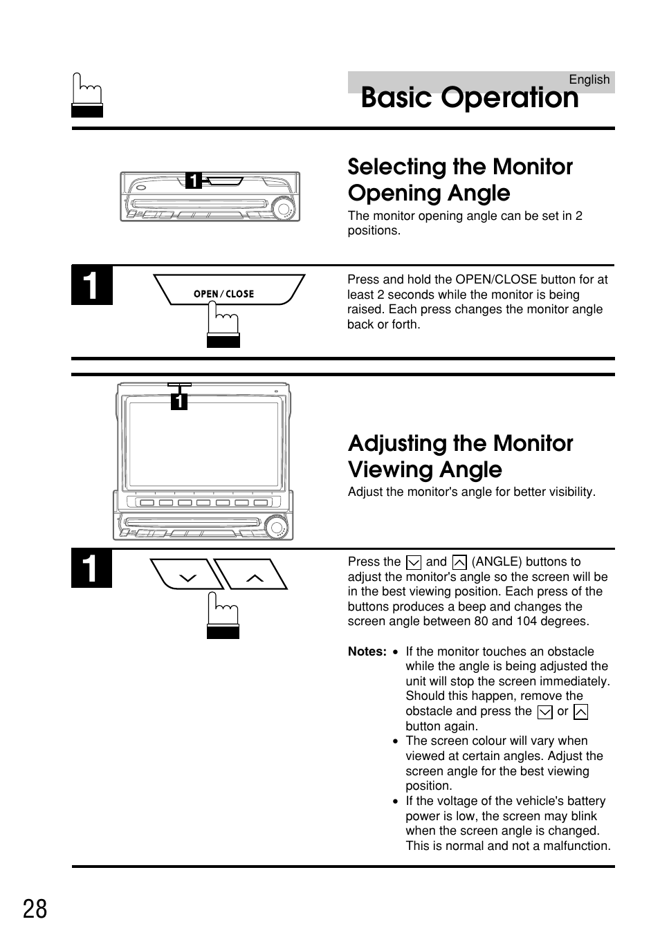 Basic operation, Selecting the monitor opening angle, Adjusting the monitor viewing angle | Alpine IVA-C800E User Manual | Page 13 / 115
