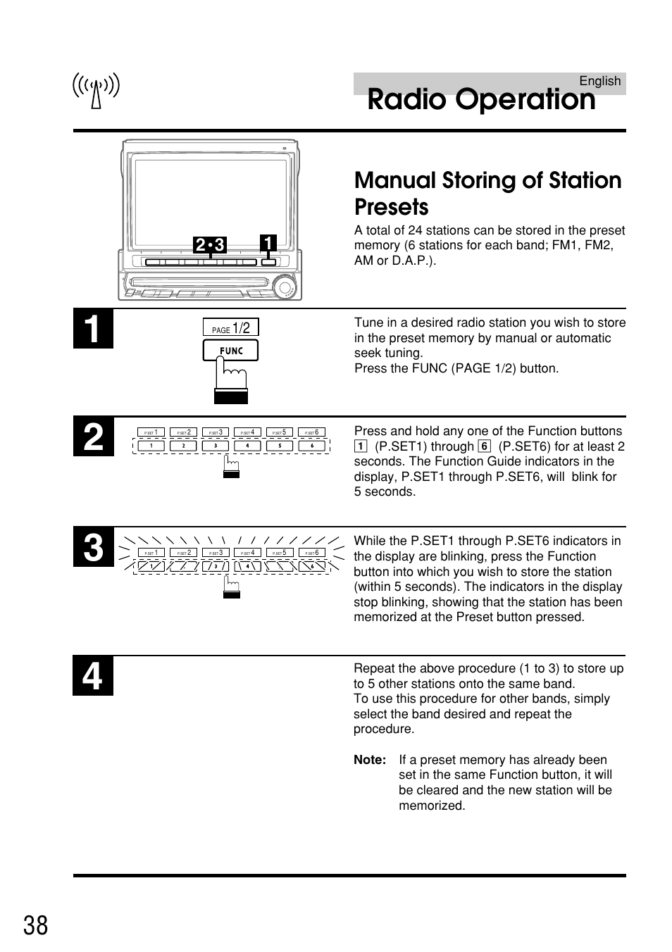 Radio operation, Manual storing of station presets | Alpine IVA-C800E User Manual | Page 18 / 115