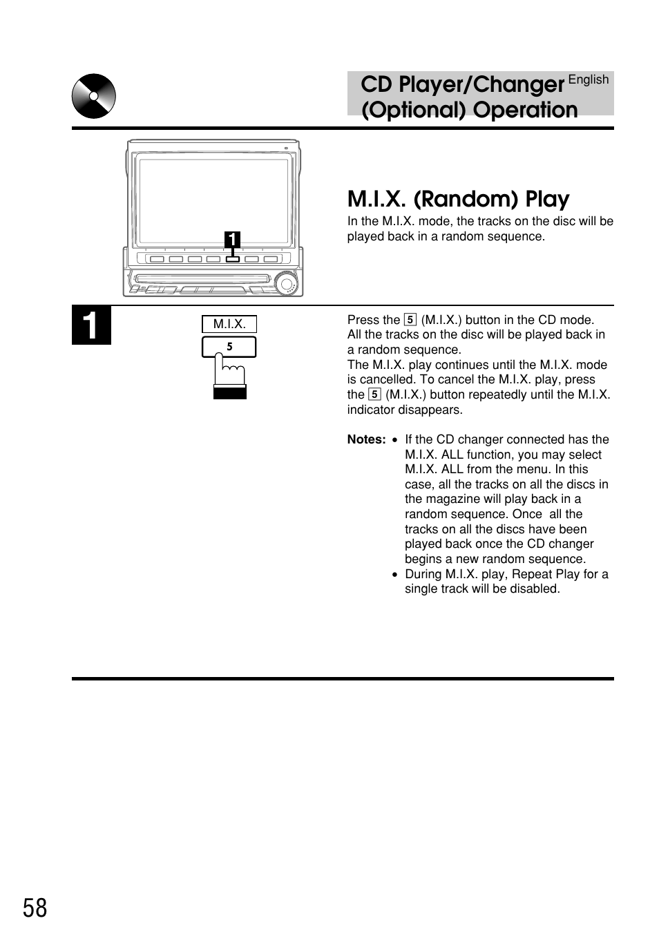 Cd player/changer (optional) operation, M.i.x. (random) play | Alpine IVA-C800E User Manual | Page 28 / 115