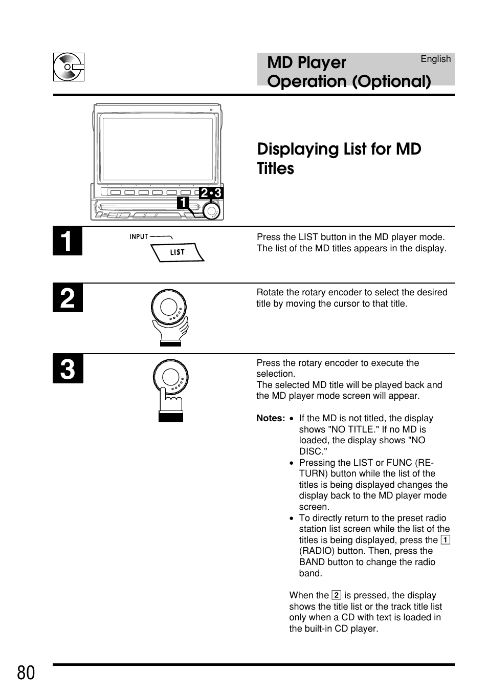Md player operation (optional), Displaying list for md titles | Alpine IVA-C800E User Manual | Page 39 / 115