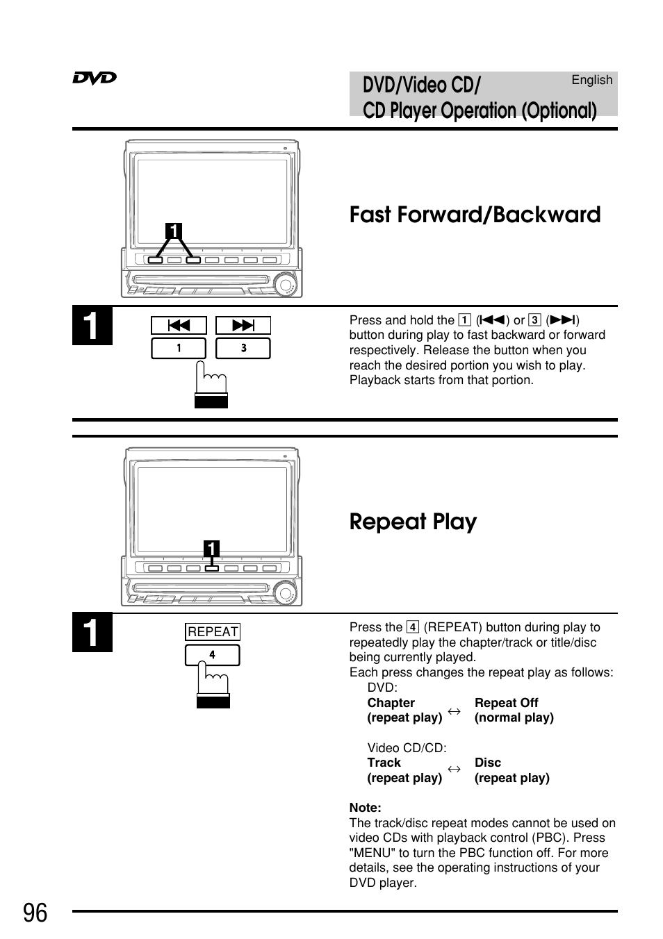 Dvd/video cd/ cd player operation (optional), Fast forward/backward, Repeat play | Alpine IVA-C800E User Manual | Page 47 / 115