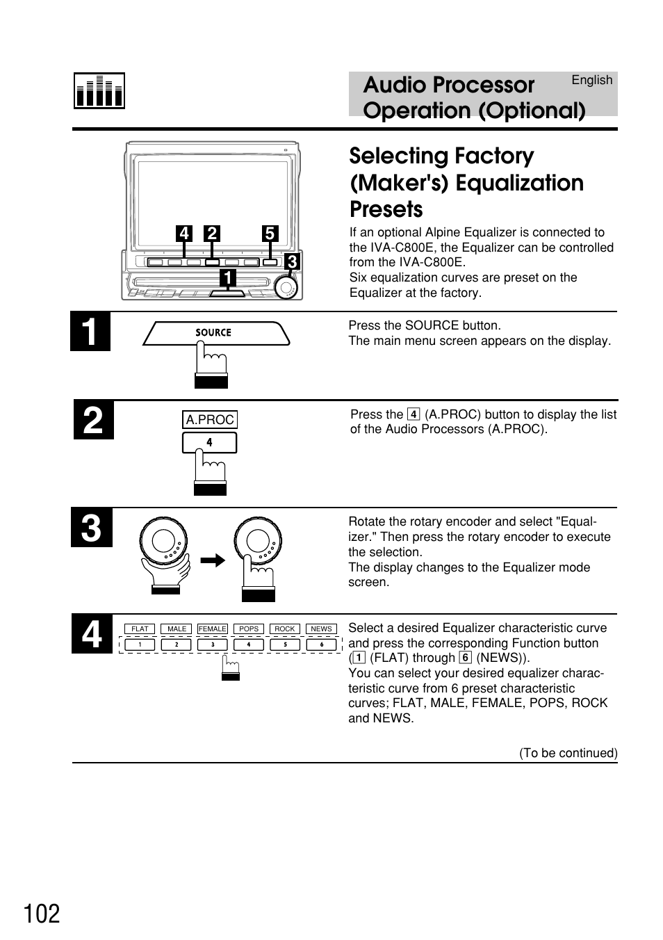Audio processor operation (optional), Selecting factory (maker's) equalization presets | Alpine IVA-C800E User Manual | Page 50 / 115