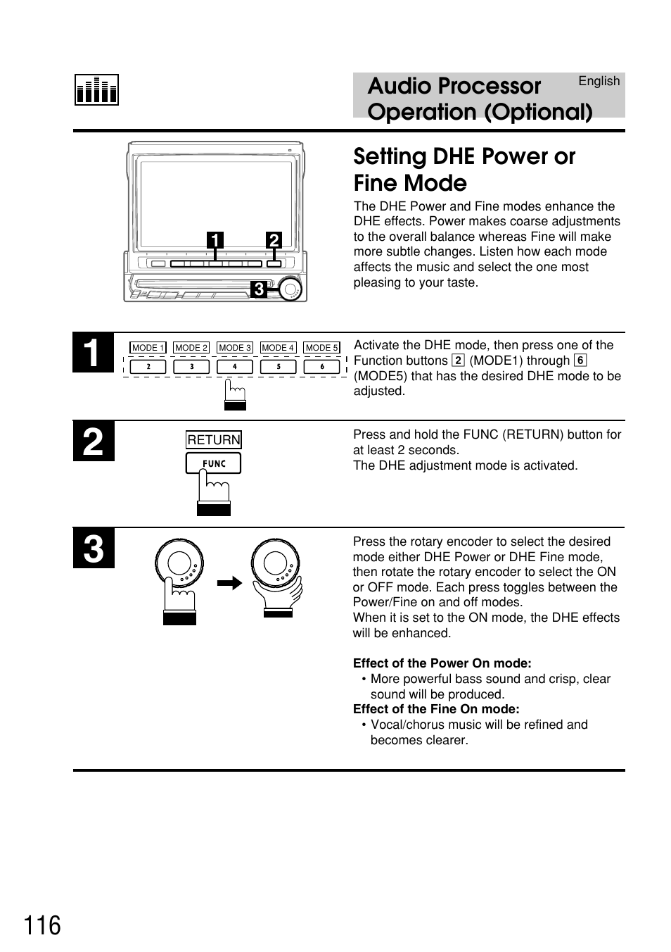 Audio processor operation (optional), Setting dhe power or fine mode | Alpine IVA-C800E User Manual | Page 56 / 115