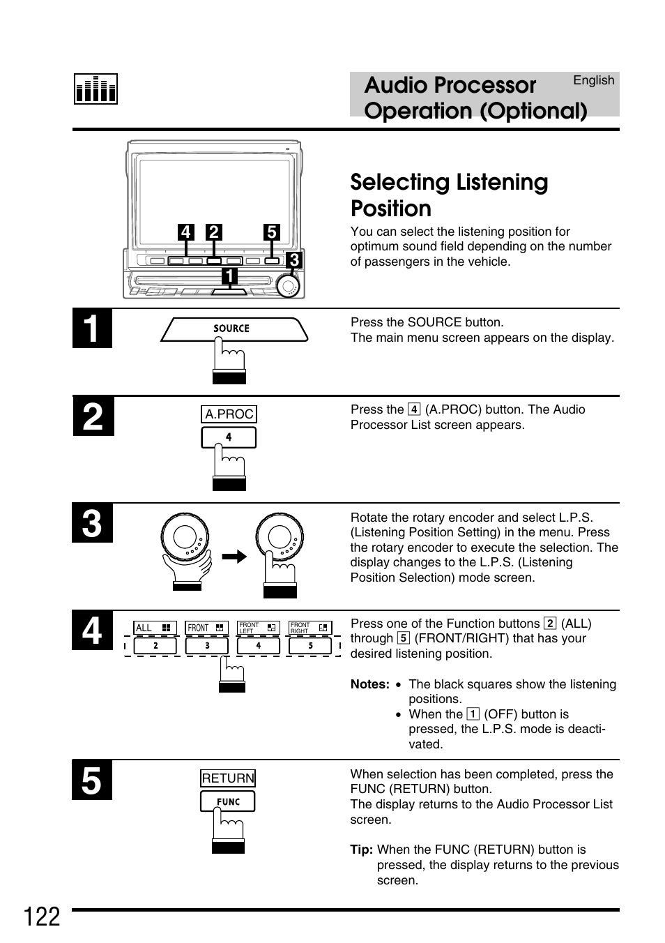 Audio processor operation (optional), Selecting listening position | Alpine IVA-C800E User Manual | Page 59 / 115