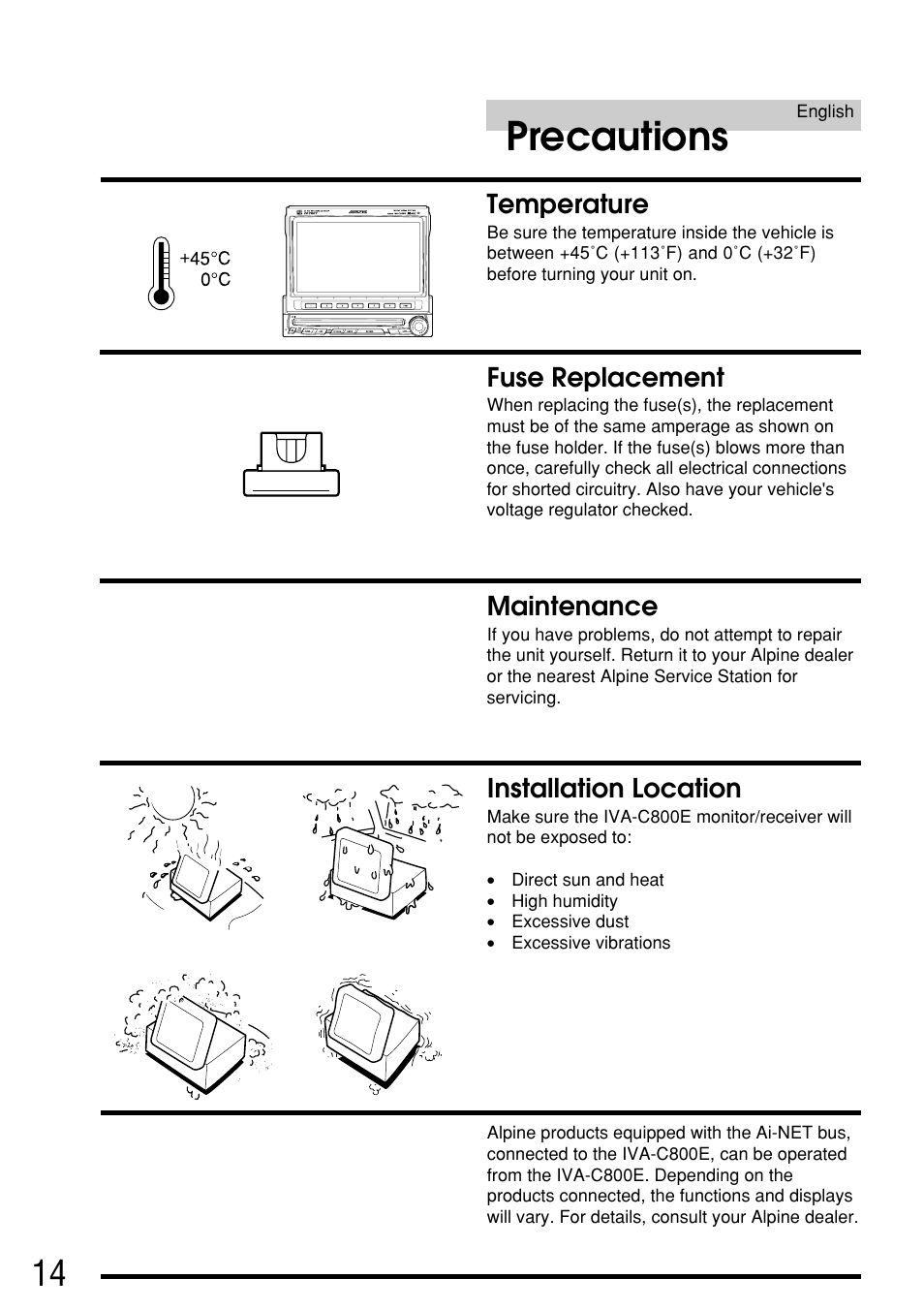 Precautions, Temperature, Fuse replacement | Maintenance, Installation location | Alpine IVA-C800E User Manual | Page 8 / 115