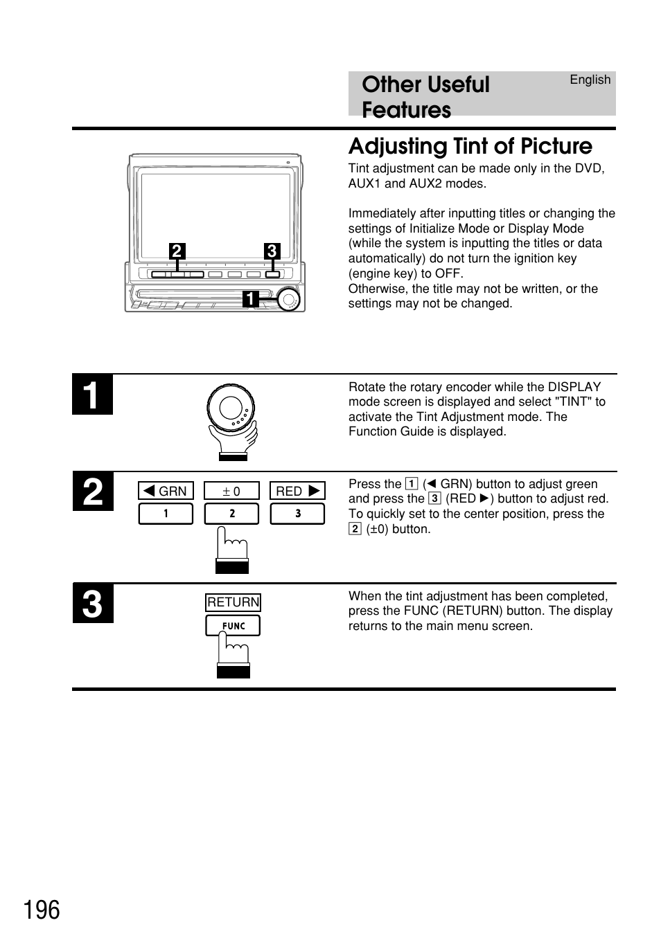 Other useful features, Adjusting tint of picture | Alpine IVA-C800E User Manual | Page 96 / 115