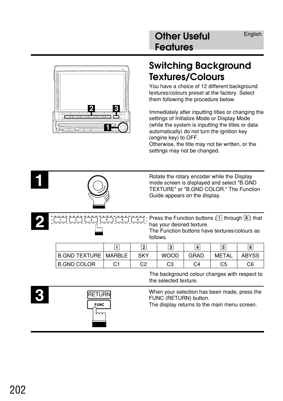 Other useful features, Switching background textures/colours | Alpine IVA-C800E User Manual | Page 99 / 115