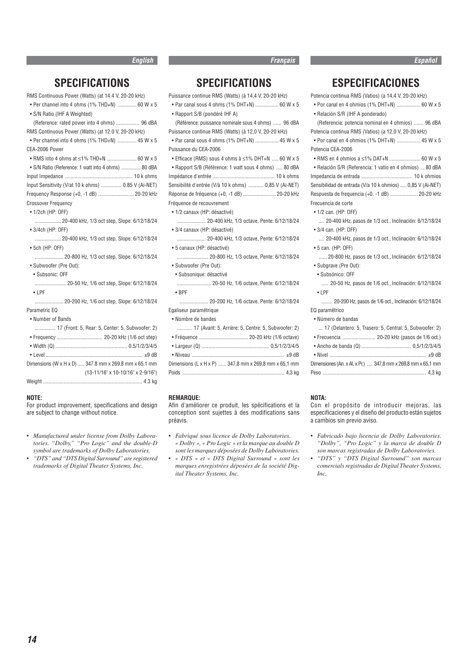 Specifications, Especificaciones | Alpine MRA-D550 User Manual | Page 14 / 20