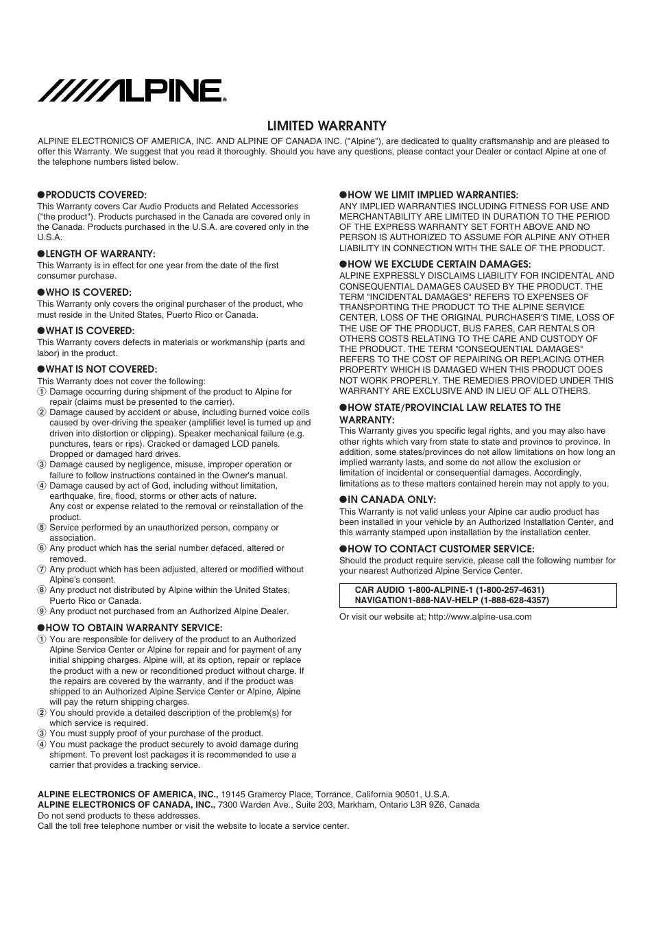 Limited warranty | Alpine MRA-D550 User Manual | Page 20 / 20