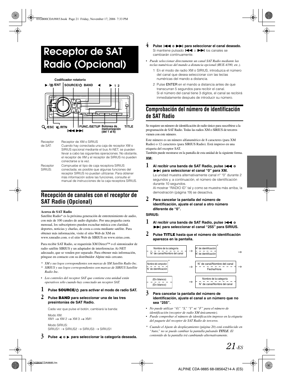 Receptor de sat radio (opcional) | Alpine CDA-9885 User Manual | Page 101 / 118