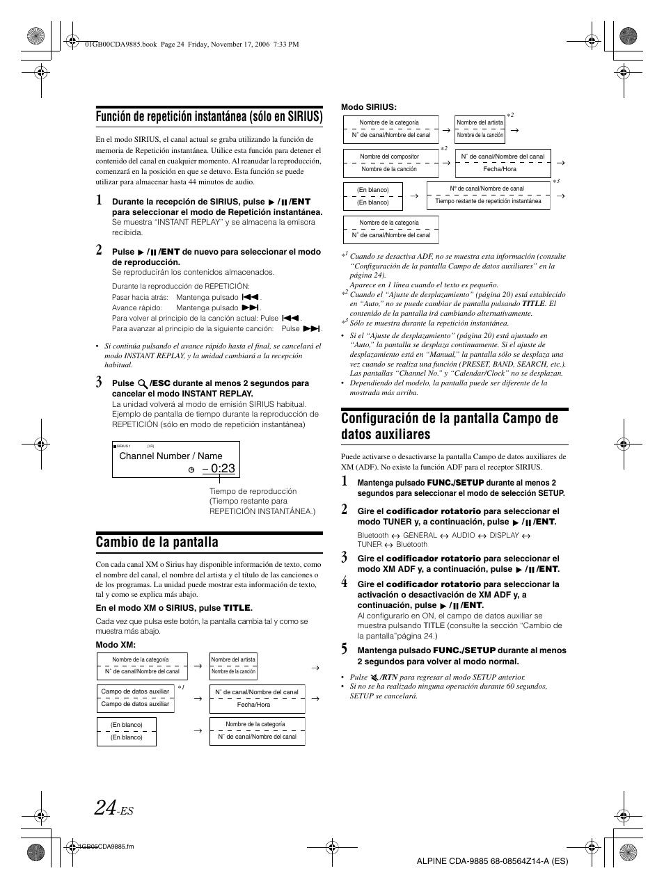 Función de repetición instantánea (sólo en sirius), Cambio de la pantalla | Alpine CDA-9885 User Manual | Page 104 / 118