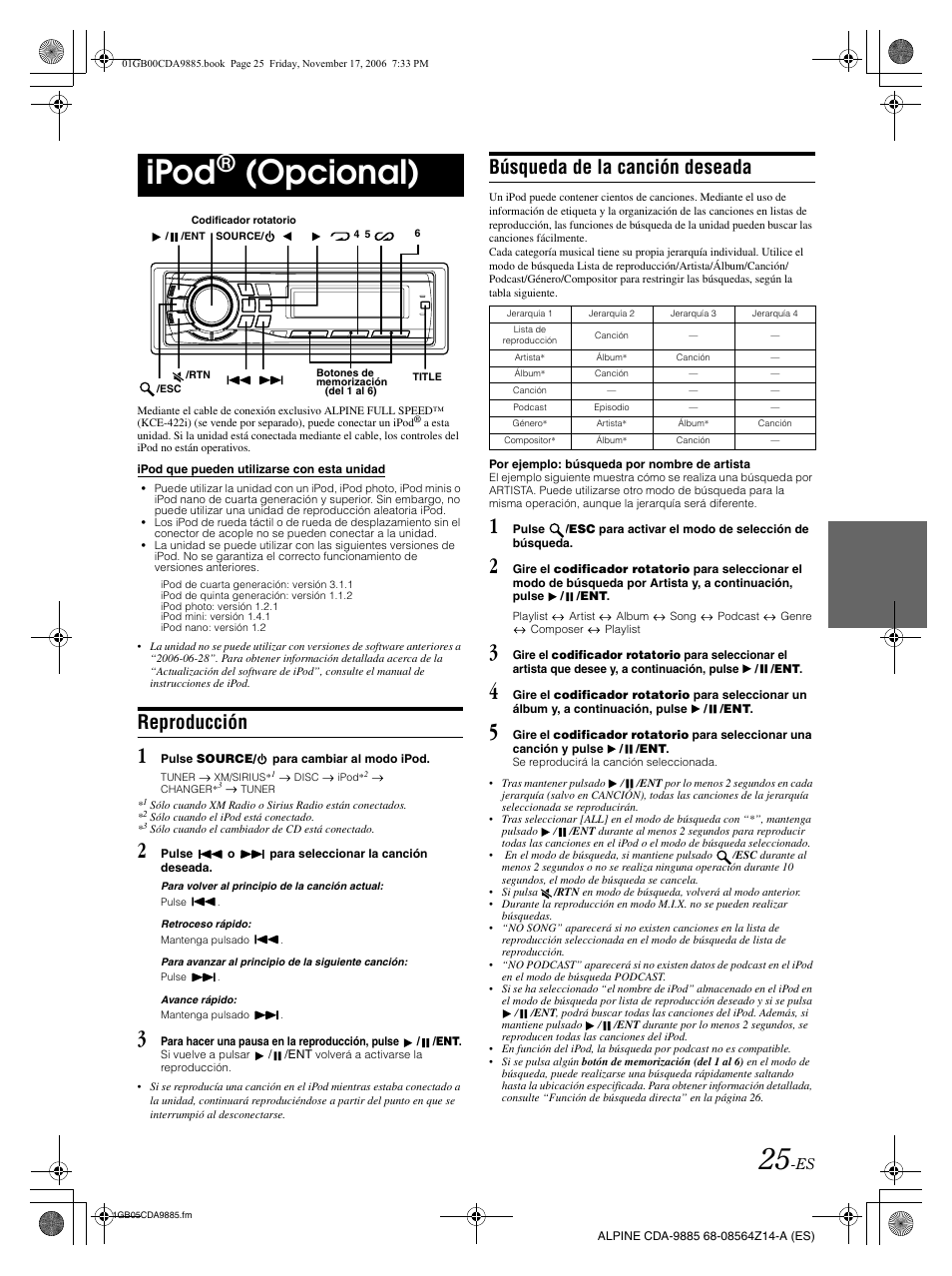 Ipod, Opcional), Reproducción | Búsqueda de la canción deseada | Alpine CDA-9885 User Manual | Page 105 / 118