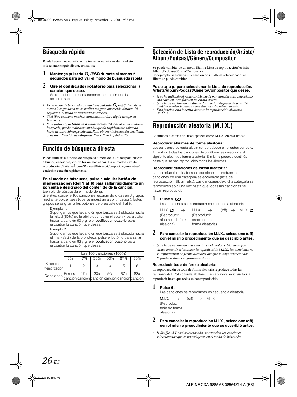 Búsqueda rápida, Función de búsqueda directa, Reproducción aleatoria (m.i.x.) | Alpine CDA-9885 User Manual | Page 106 / 118
