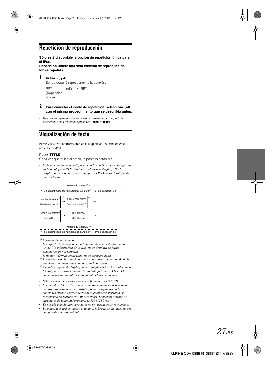 Repetición de reproducción, Visualización de texto | Alpine CDA-9885 User Manual | Page 107 / 118
