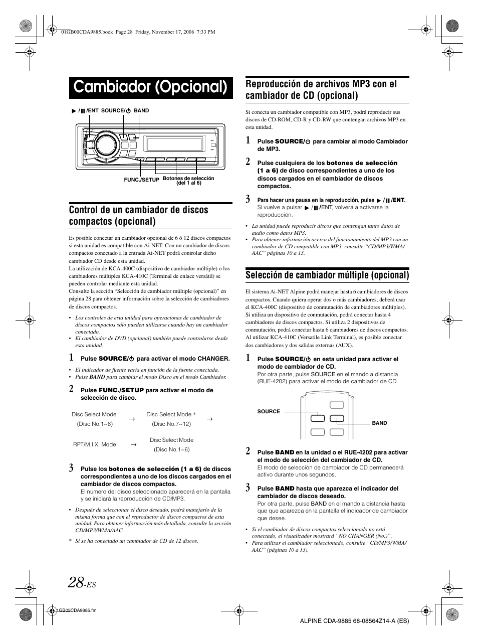 Cambiador (opcional), Selección de cambiador múltiple (opcional) | Alpine CDA-9885 User Manual | Page 108 / 118