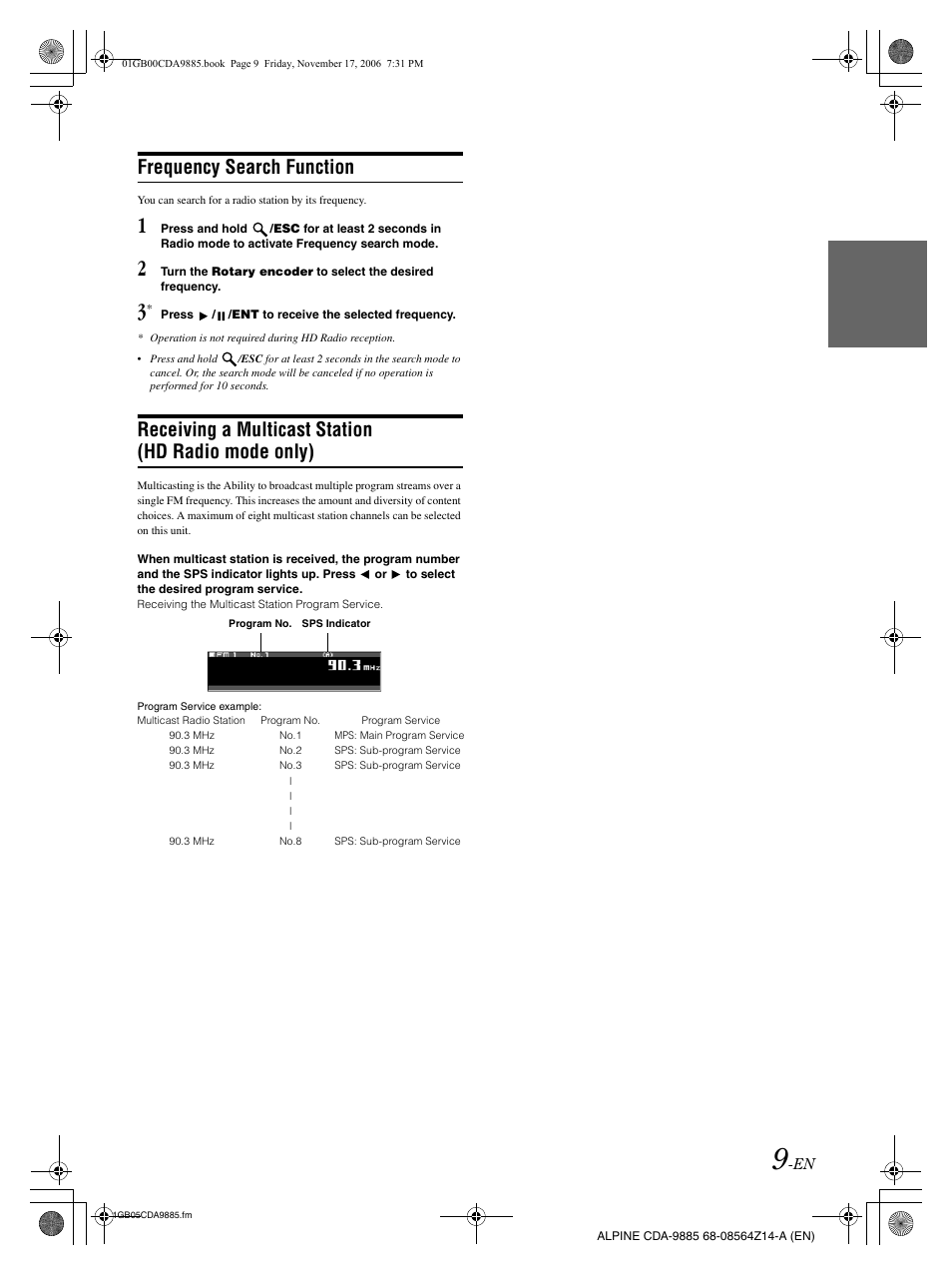Frequency search function, Receiving a multicast station (hd radio mode only) | Alpine CDA-9885 User Manual | Page 11 / 118