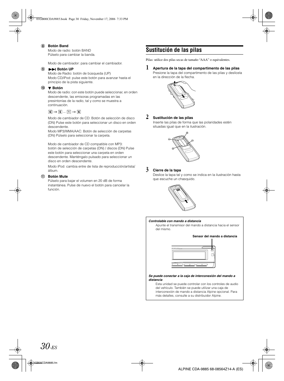 Sustitución de las pilas | Alpine CDA-9885 User Manual | Page 110 / 118