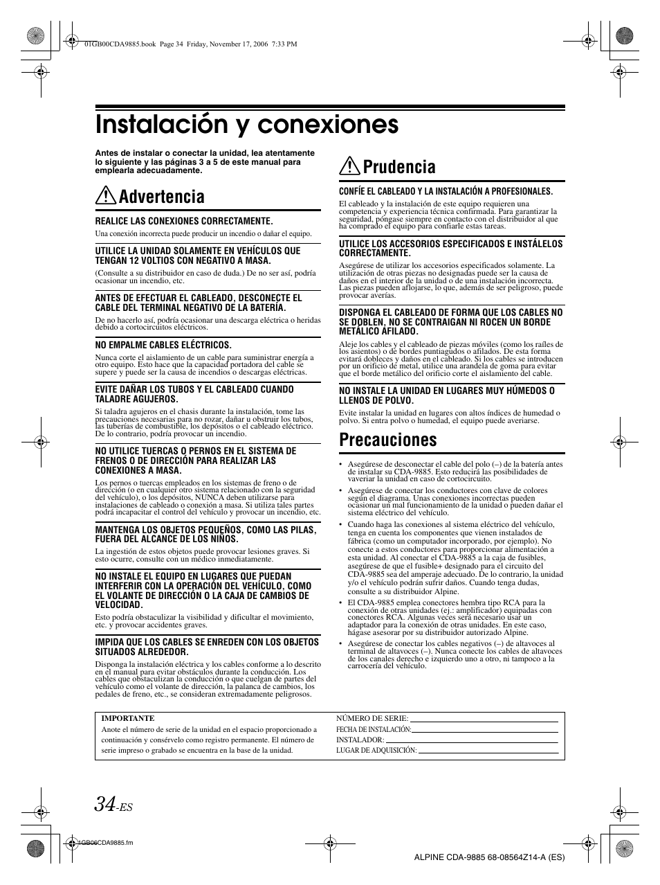 Instalación y conexiones, Advertencia, Prudencia | Precauciones | Alpine CDA-9885 User Manual | Page 114 / 118