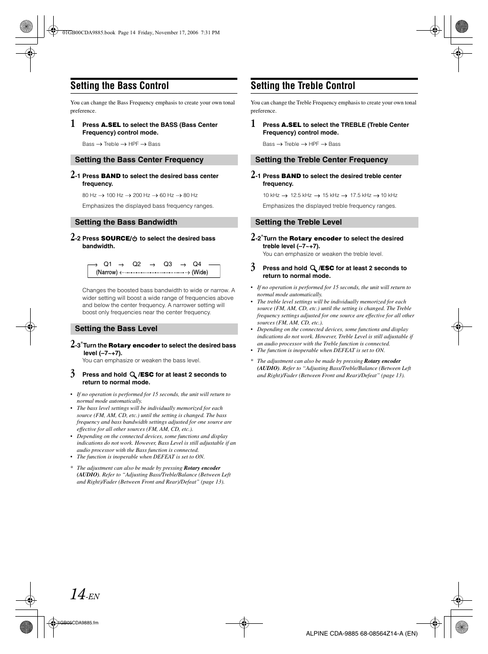 Setting the bass control, Setting the treble control | Alpine CDA-9885 User Manual | Page 16 / 118