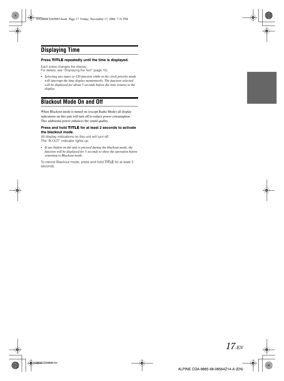 Displaying time, Blackout mode on and off | Alpine CDA-9885 User Manual | Page 19 / 118