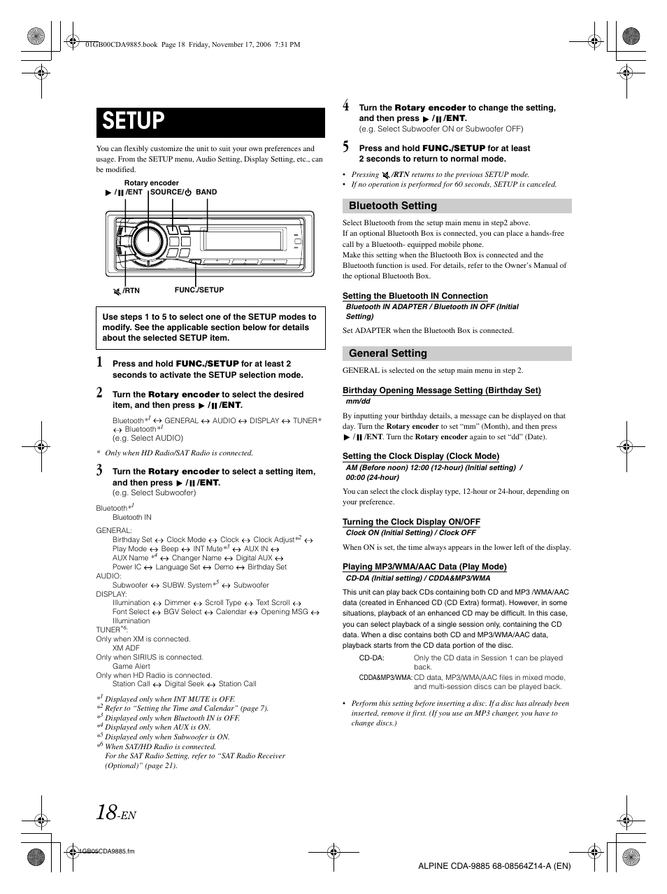 Setup, Bluetooth setting, General setting | Alpine CDA-9885 User Manual | Page 20 / 118