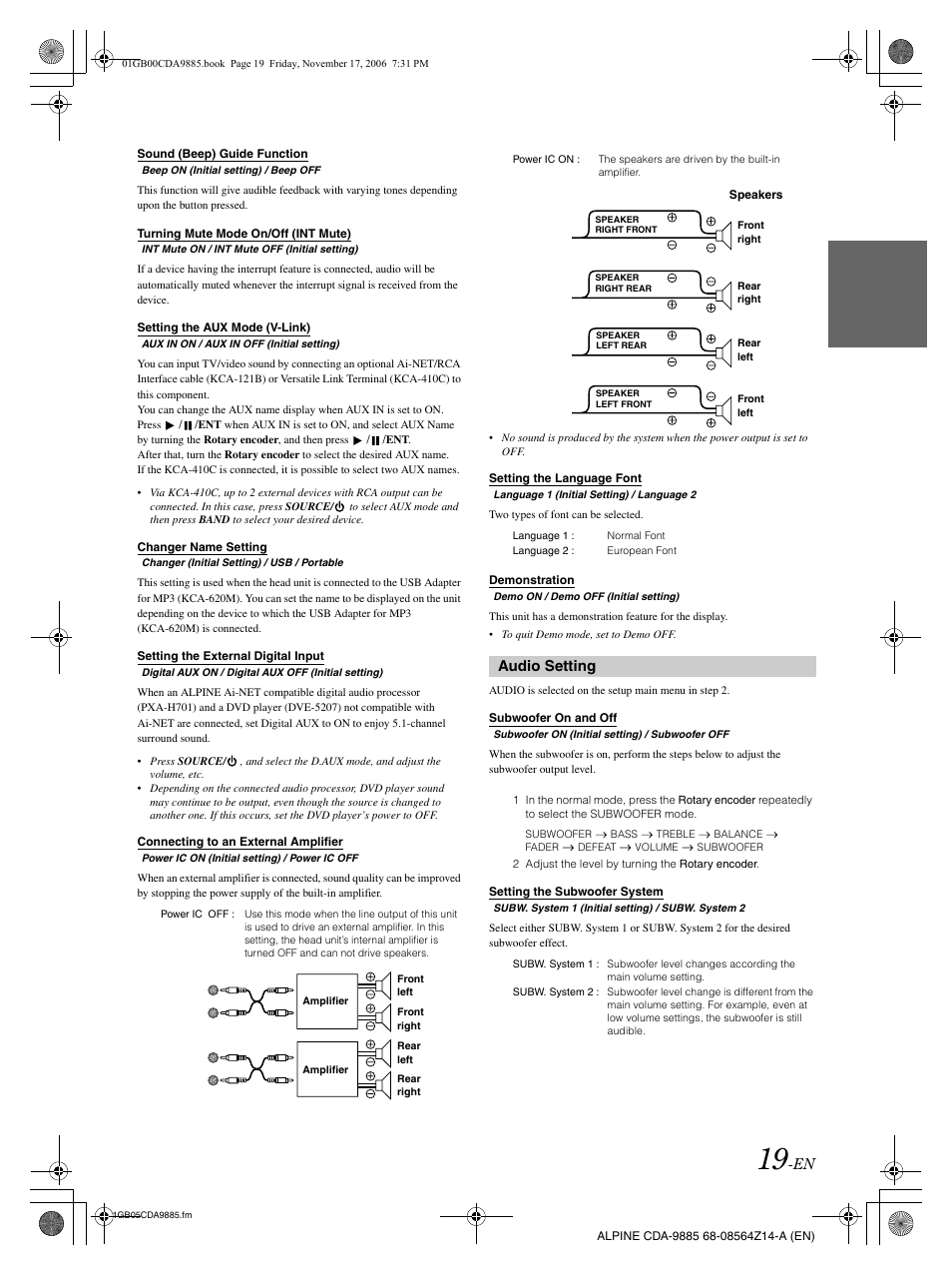 Audio setting | Alpine CDA-9885 User Manual | Page 21 / 118