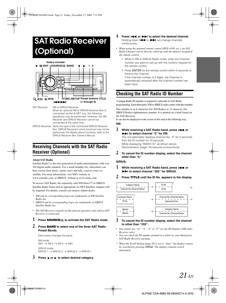 Sat radio receiver (optional), Checking the sat radio id number | Alpine CDA-9885 User Manual | Page 23 / 118