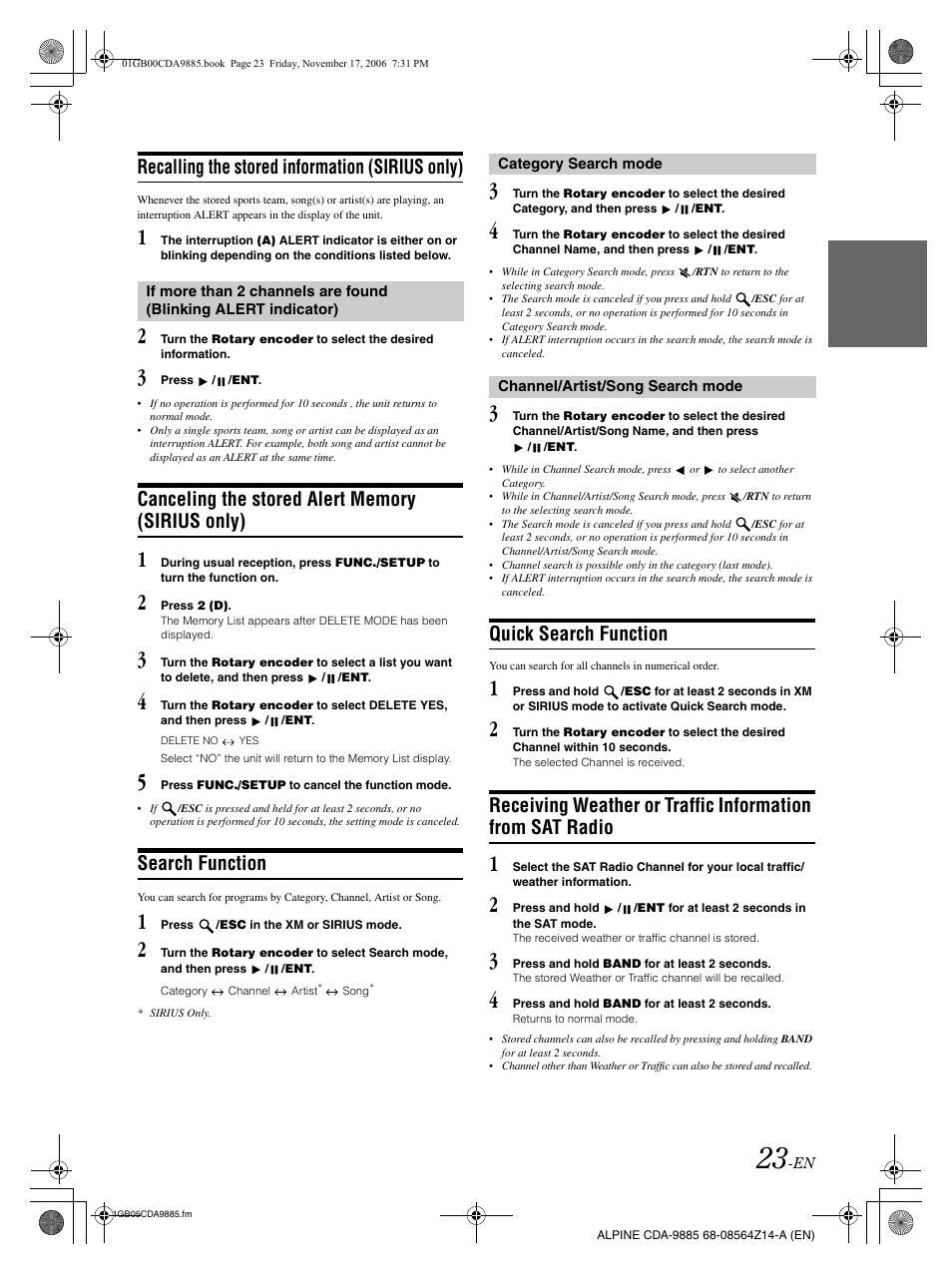 Recalling the stored information (sirius only), Search function, Quick search function | Alpine CDA-9885 User Manual | Page 25 / 118