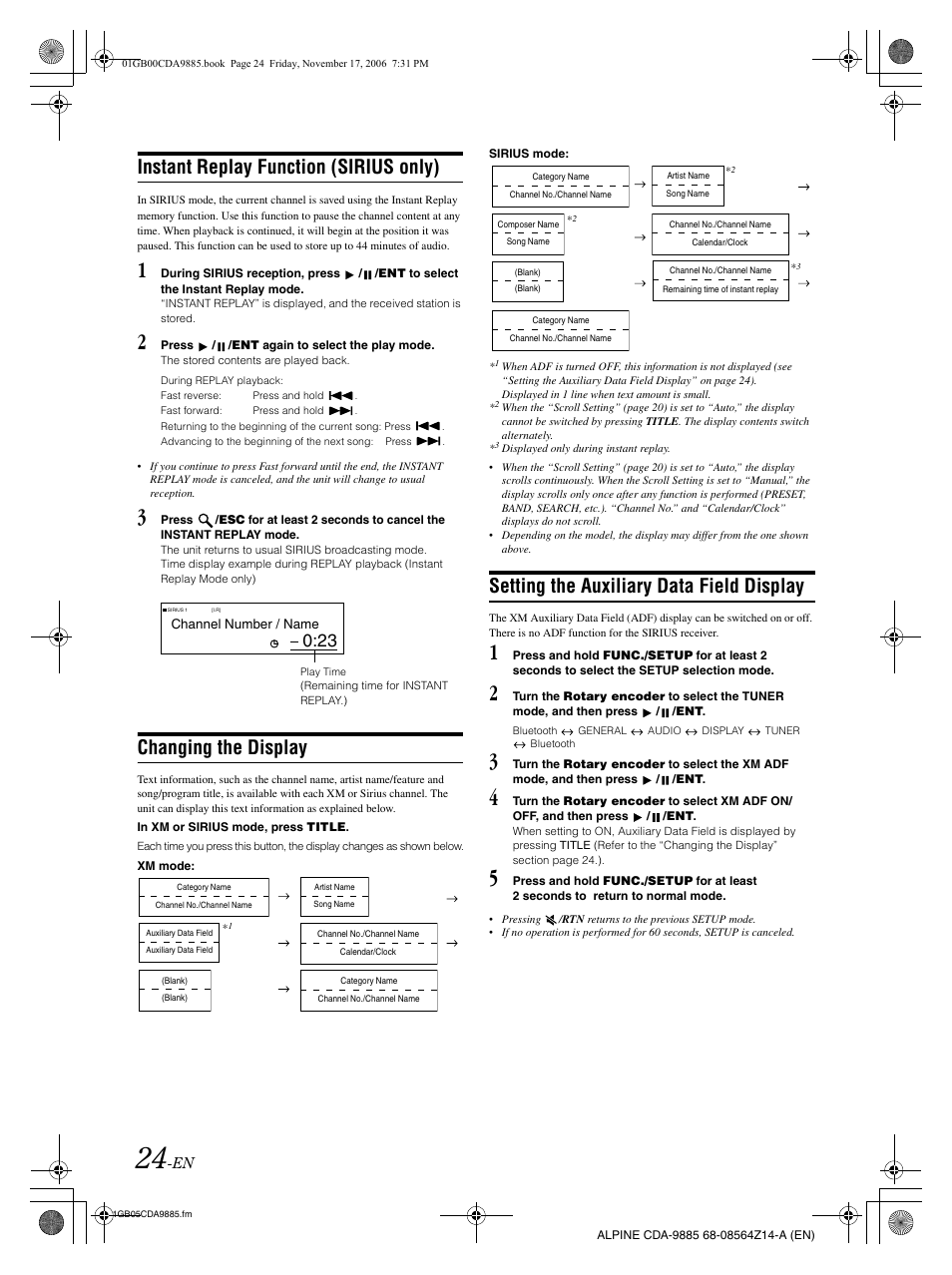 Instant replay function (sirius only), Changing the display, Setting the auxiliary data field display | Alpine CDA-9885 User Manual | Page 26 / 118