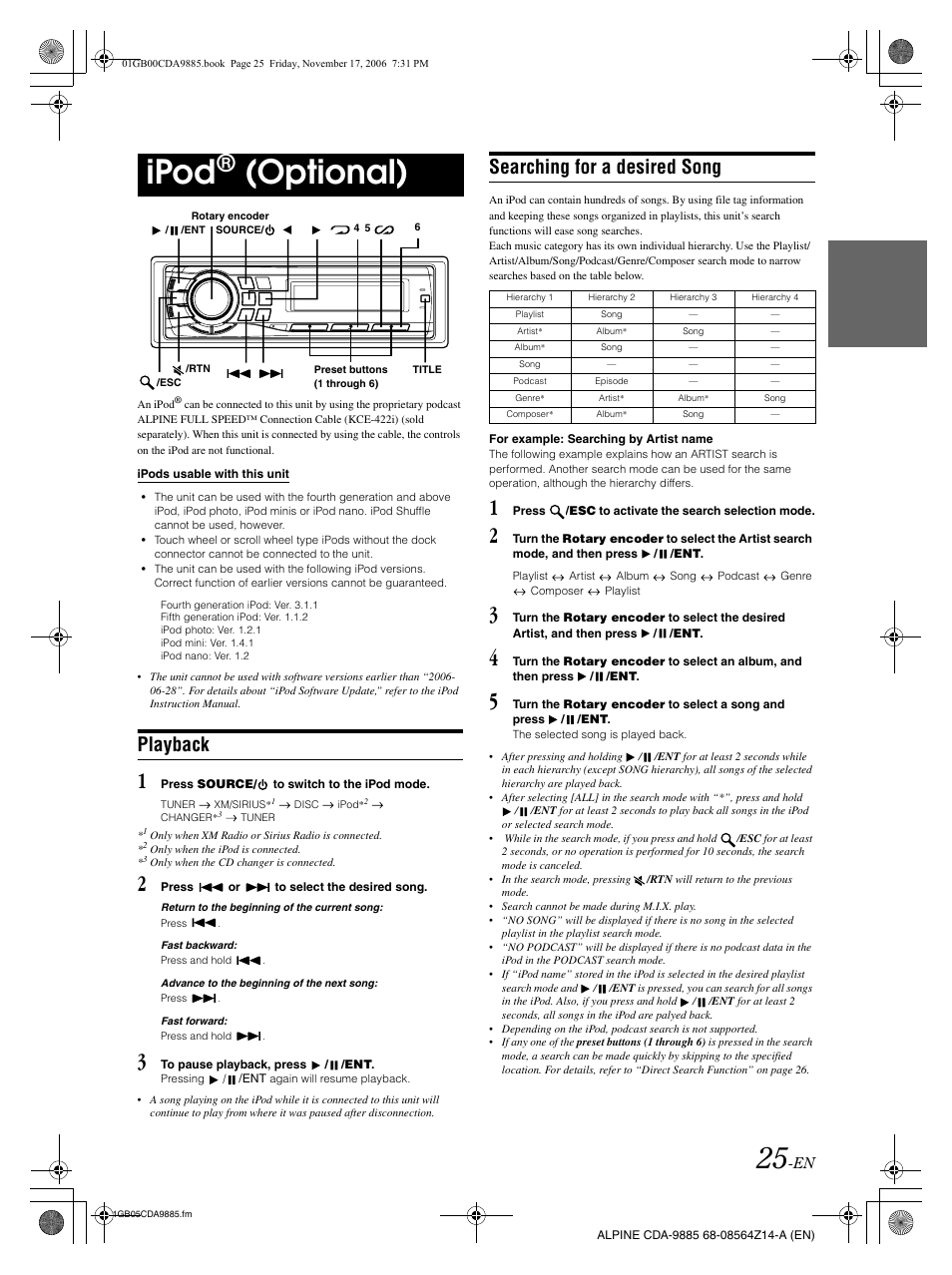Ipod, Optional), Playback | Searching for a desired song | Alpine CDA-9885 User Manual | Page 27 / 118