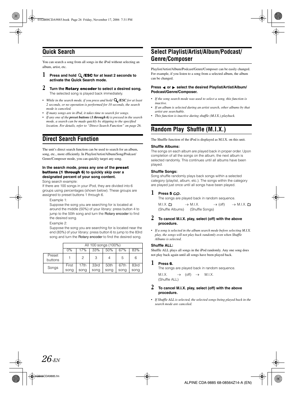 Quick search, Direct search function, Random play shuffle (m.i.x.) | Alpine CDA-9885 User Manual | Page 28 / 118