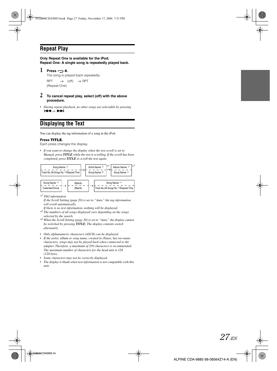 Repeat play, Displaying the text | Alpine CDA-9885 User Manual | Page 29 / 118