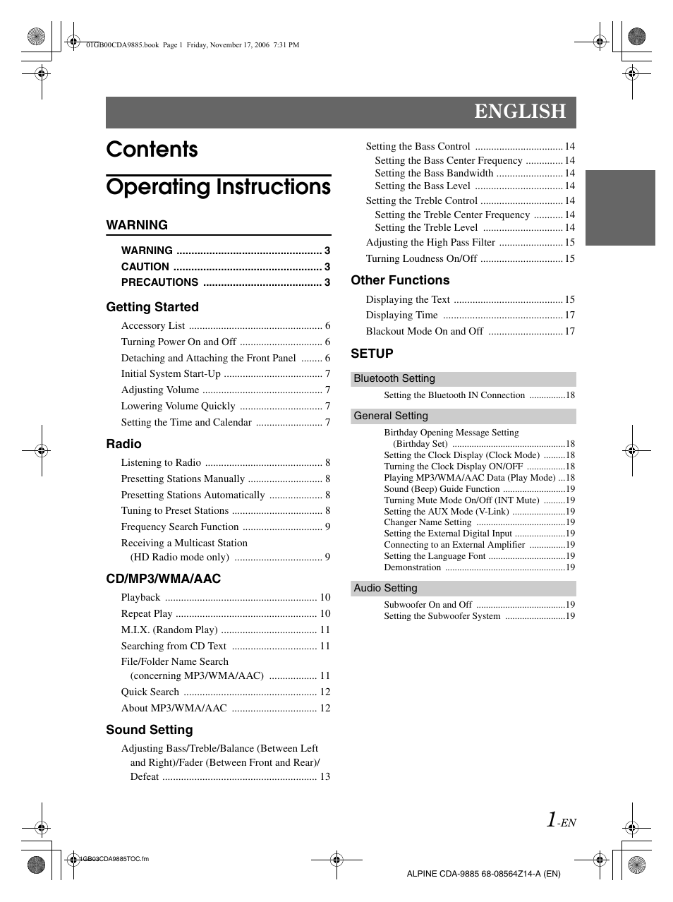 Contents operating instructions, English | Alpine CDA-9885 User Manual | Page 3 / 118