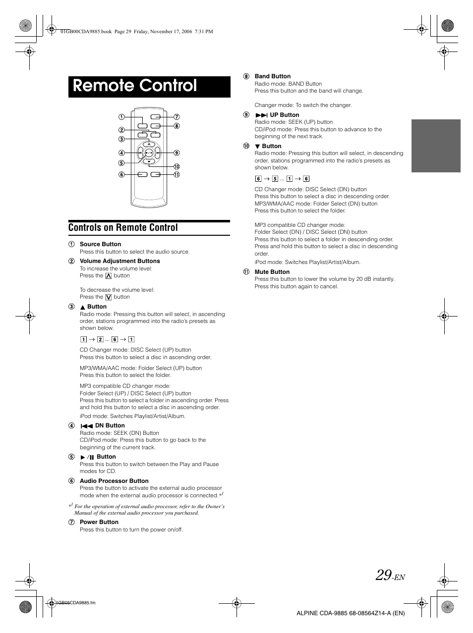 Remote control, Controls on remote control | Alpine CDA-9885 User Manual | Page 31 / 118