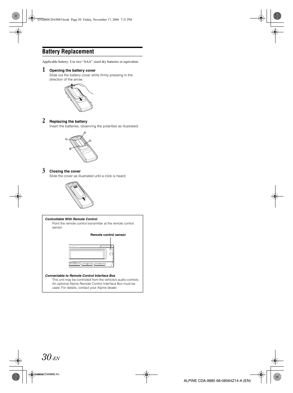 Battery replacement | Alpine CDA-9885 User Manual | Page 32 / 118