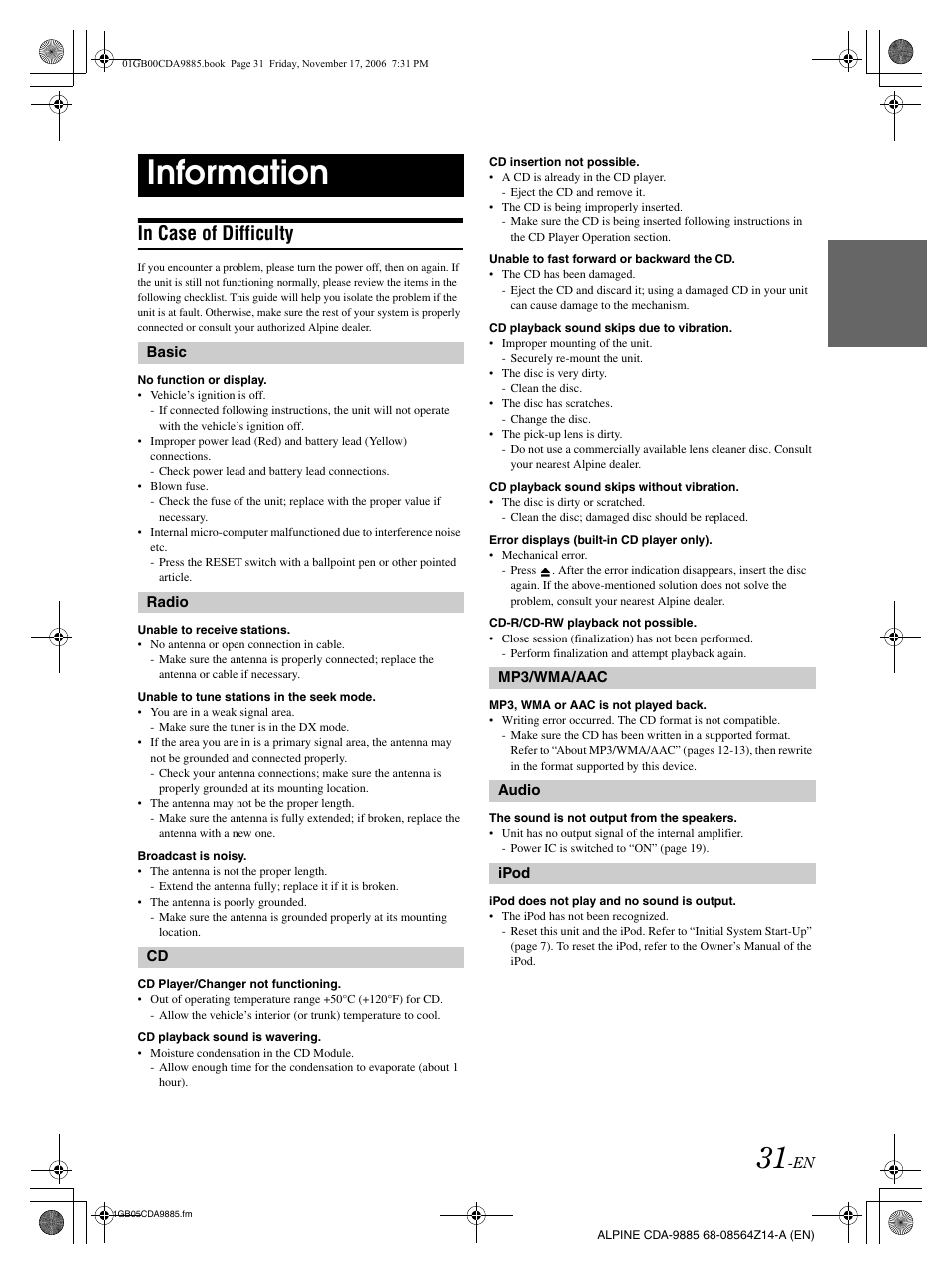 Information | Alpine CDA-9885 User Manual | Page 33 / 118