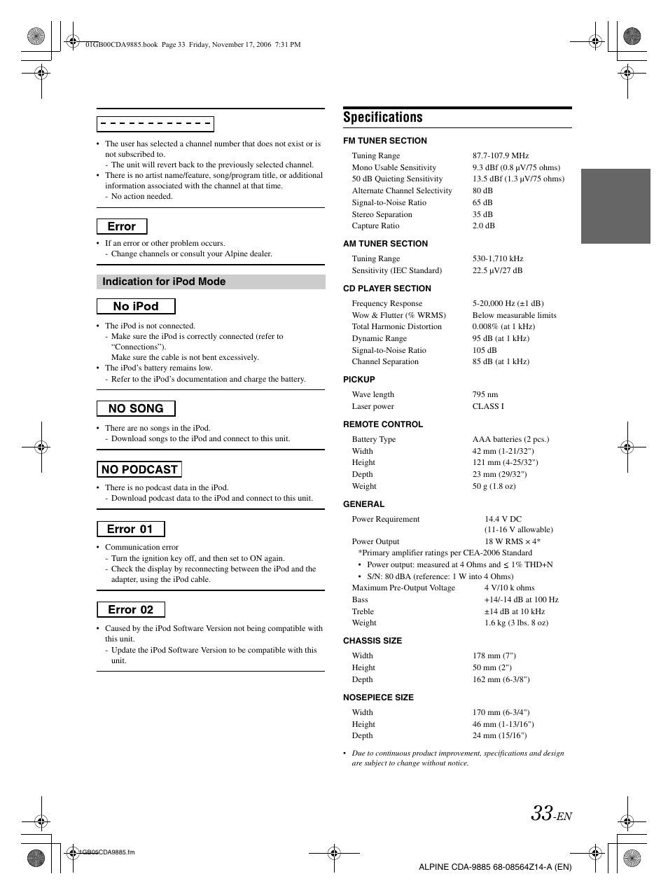 Specifications | Alpine CDA-9885 User Manual | Page 35 / 118