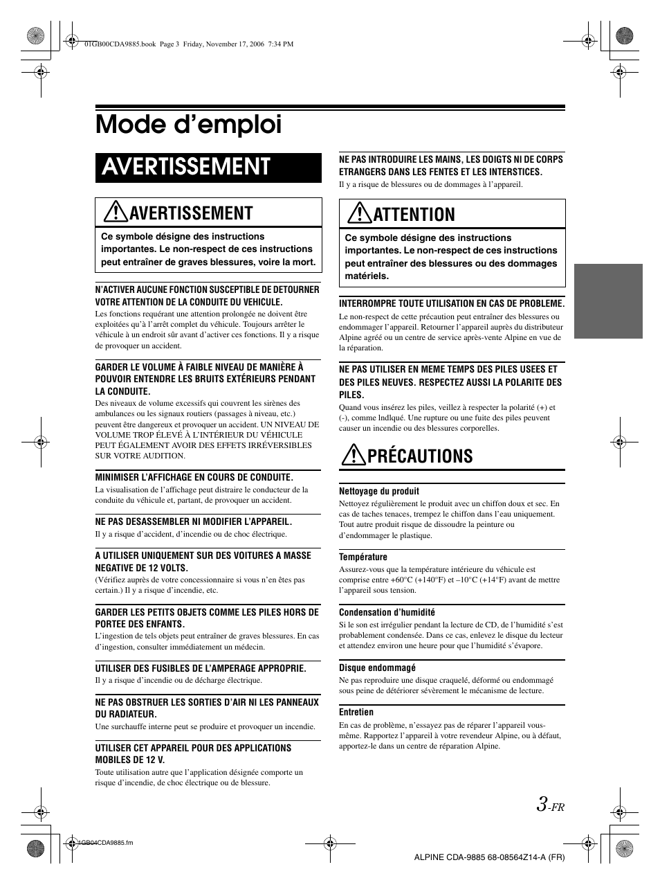 Mode d’emploi, Avertissement, Précautions | Attention | Alpine CDA-9885 User Manual | Page 44 / 118