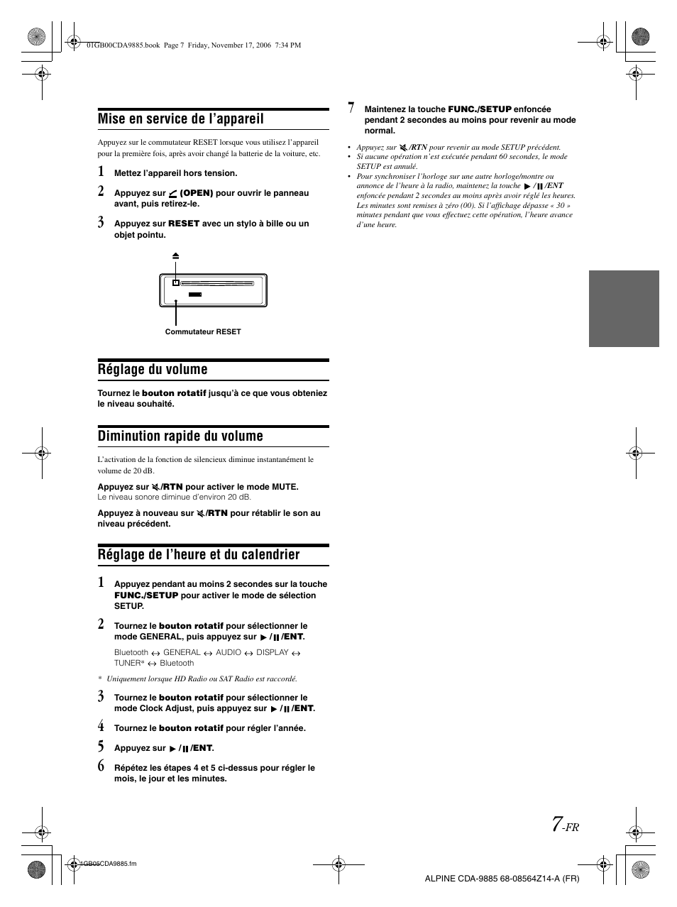 Mise en service de l’appareil, Réglage du volume, Diminution rapide du volume | Réglage de l’heure et du calendrier | Alpine CDA-9885 User Manual | Page 48 / 118