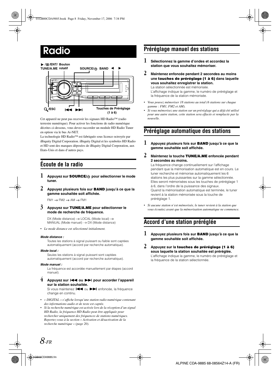 Radio, Écoute de la radio, Préréglage manuel des stations | Préréglage automatique des stations, Accord d’une station préréglée | Alpine CDA-9885 User Manual | Page 49 / 118