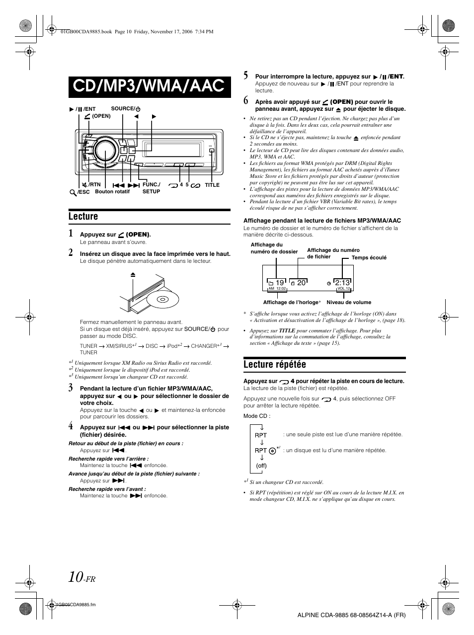 Cd/mp3/wma/aac, Lecture, Lecture répétée | Alpine CDA-9885 User Manual | Page 51 / 118