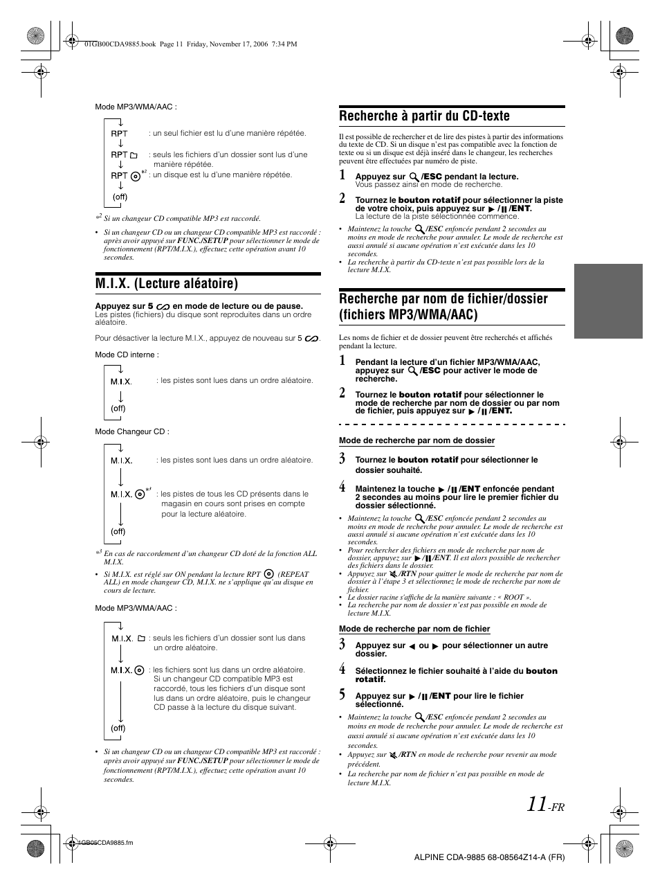 M.i.x. (lecture aléatoire), Recherche à partir du cd-texte | Alpine CDA-9885 User Manual | Page 52 / 118