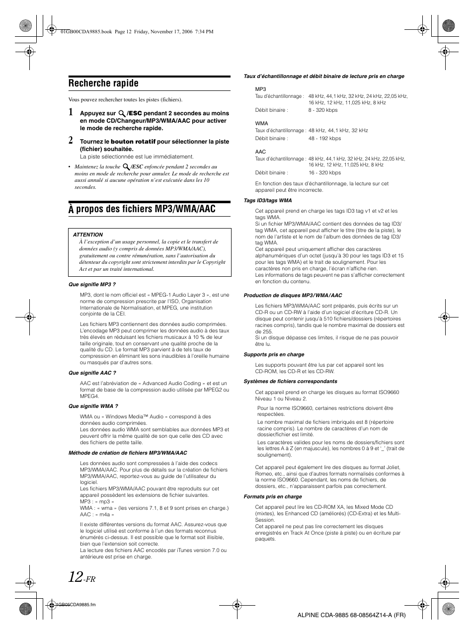 Recherche rapide, À propos des fichiers mp3/wma/aac | Alpine CDA-9885 User Manual | Page 53 / 118